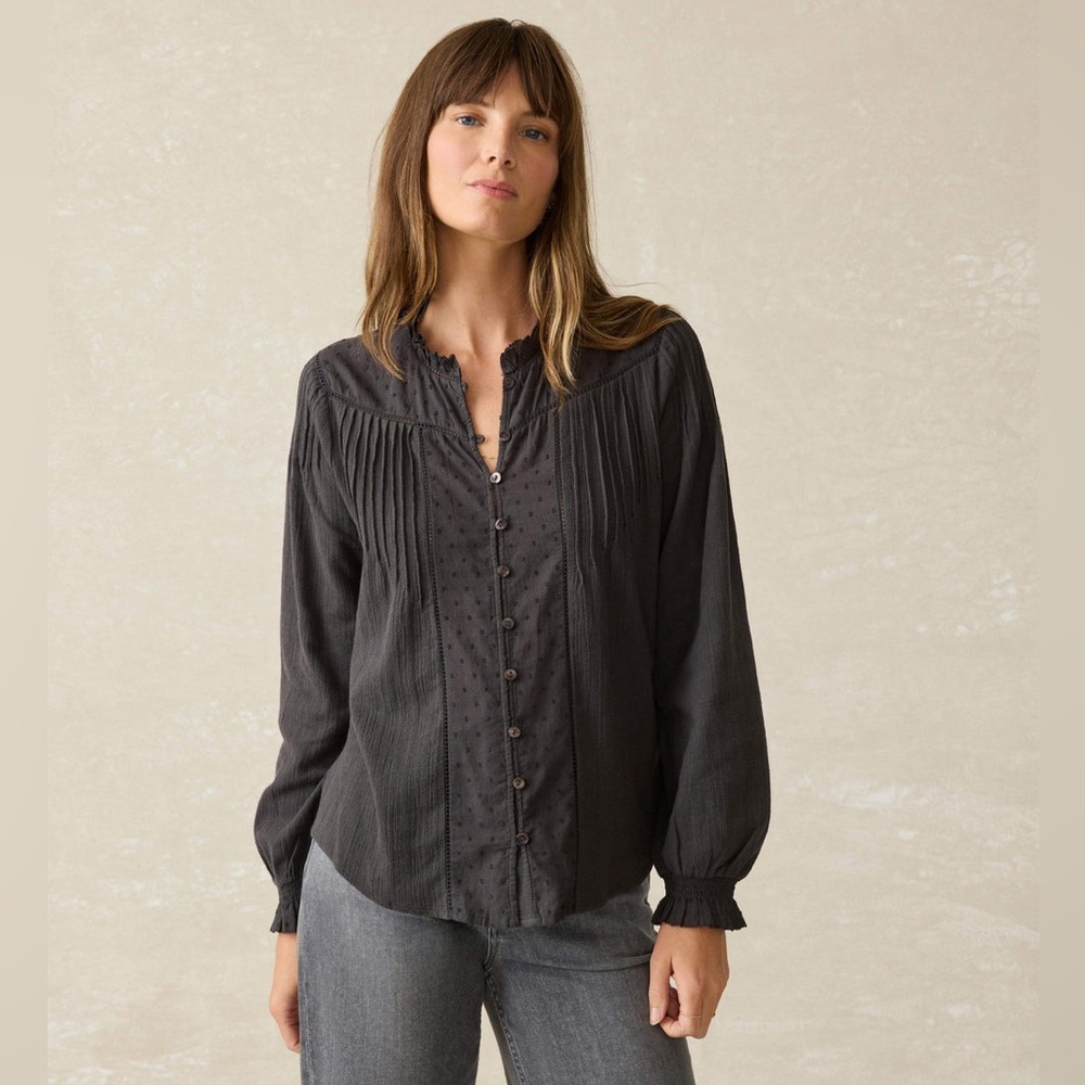 Faherty Lily Blouse Washed Black Sz L Organic Cotton 
EUC